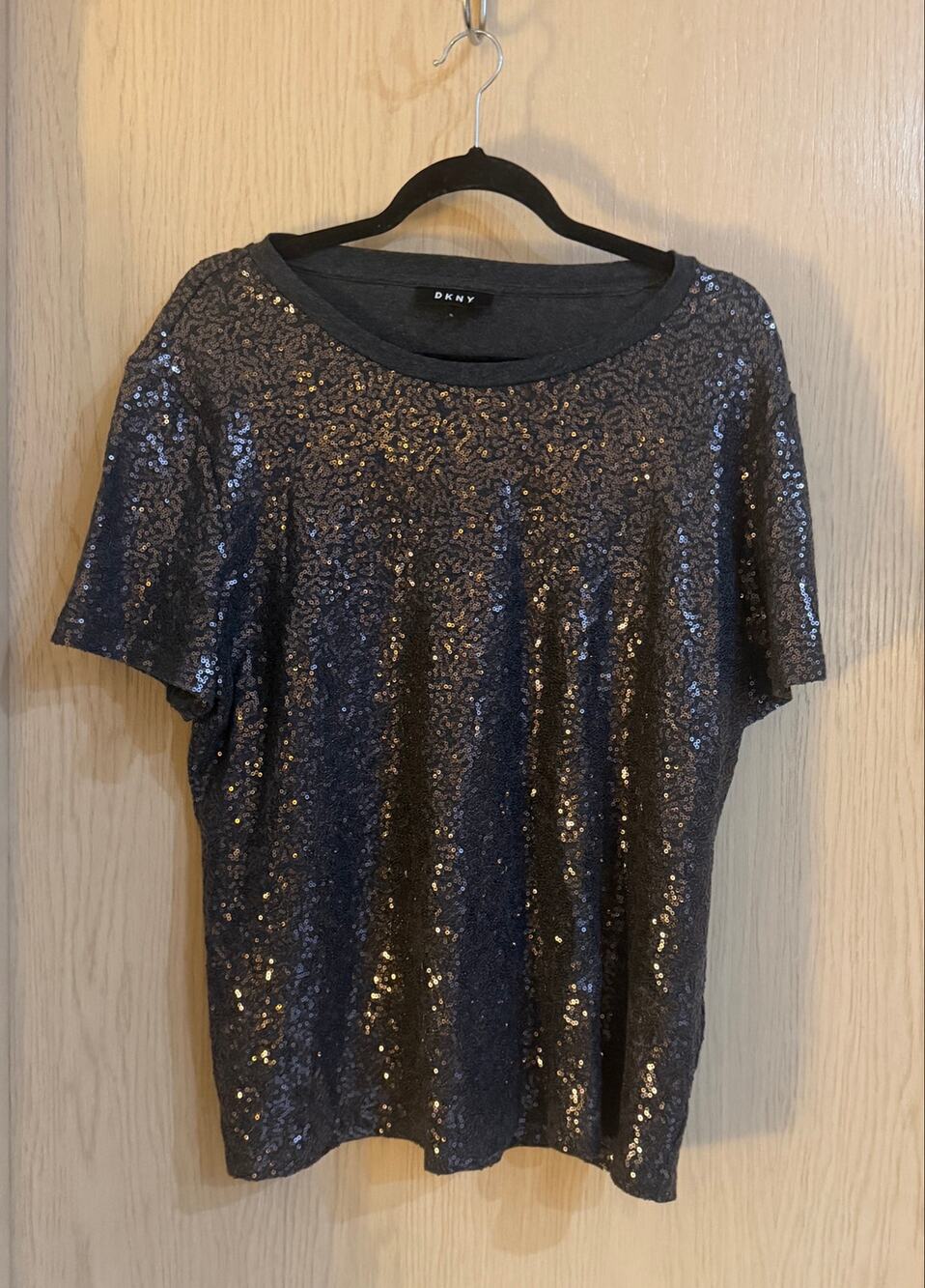 DKNY All Over Sequin Short Sleeve Top Charcoal Size XL